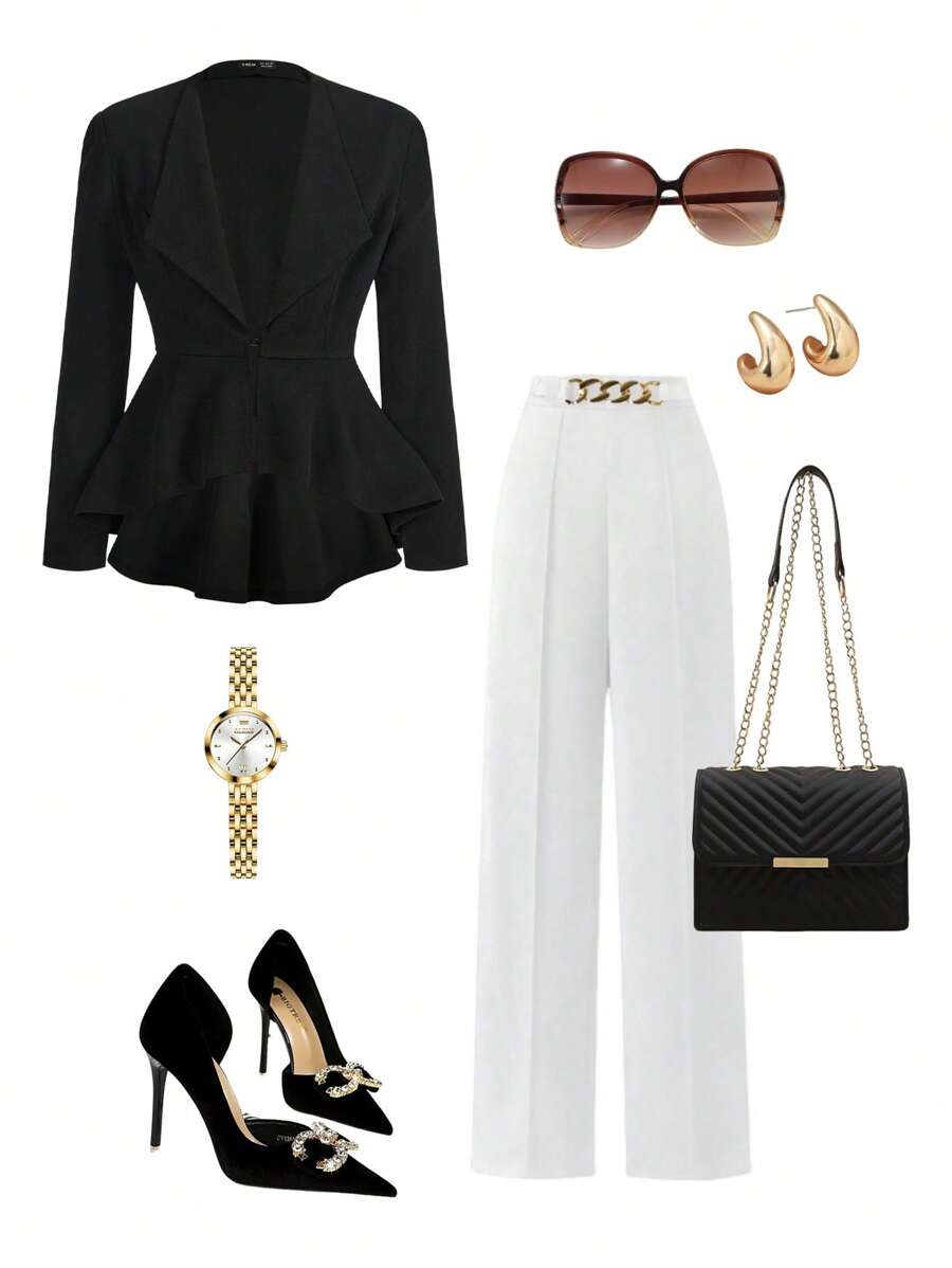 Ellevyn 秋冬纯色荷叶边下摆西装外套 - 黑色 - 查看 1