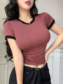 DAZY 女式夏季休闲条纹短袖修身T恤，返校服装 - 西瓜粉 - 查看 7