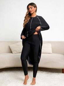 Swim Mulvari Plus Size Colorblock Round Neck Raglan Sleeve Long Sleeve Beach Burkini Top For Summer Beach Vacation - Black - View 6