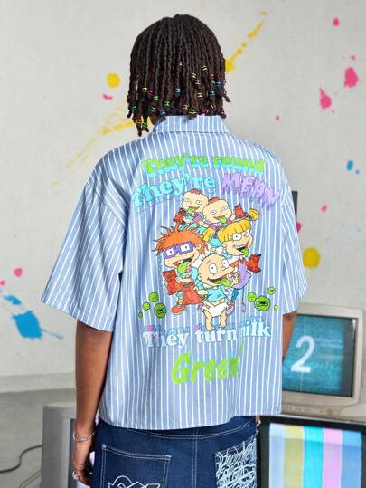 Nick 90's X ROMWE Camicia a righe con vestibilità comoda, realizzata in collaborazione con Nick, stile anni '90, per uomo