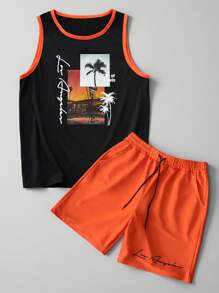 Manfinity RSRT Men's Casual Landscape Pattern Top Suit Men Two Piece Casual Short Sets Orange Two Piece Set Men