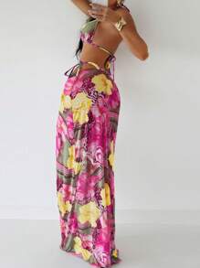 SHEIN Swim 3件套女士印花三角杯细肩带比基尼套装 - 紫色 - 查看 2