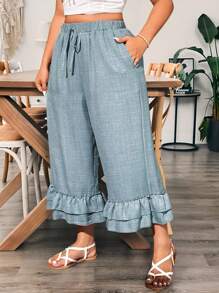 EMERY ROSE Spodnie damskie casualowe tkane w dużych rozmiarach z falbaną u dołu i kieszeniami, skrócone - Zielony - Zobacz 1