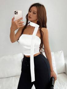 Almamuse Top bandeau drapeado con estampado de leopardo y bufanda, para salir - Blanco - Ver 5