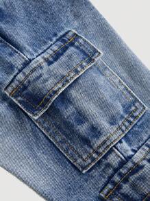 SHEIN 女婴休闲街头风格翻盖口袋蓝色牛仔背带裤 - 淺色水洗藍 - 查看 4