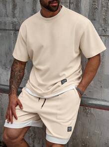 Manfinity Homme Plus Size Men's Waffle Patchwork Crew Neck T-Shirt & Shorts Set