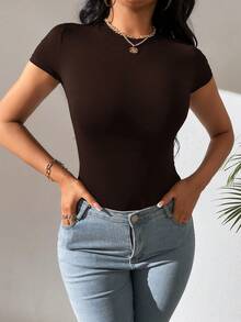 SHEIN Tall Solid Slim Fit Bodysuit - Chocolate Brown - View 4