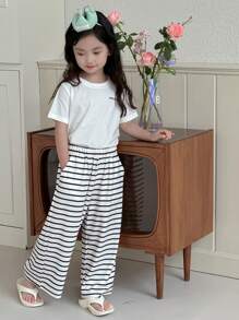 DAZY 2pcs/Set Young Girls Round Neck Loose T-Shirt And Casual Striped Straight Leg Pants,Girls Summer Outfits - Black and White - View 6