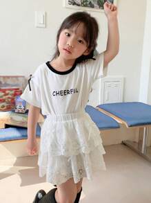 DAZY Set de 2 piezas de blusa de manga corta con estampado y cuello redondo + falda de tul con encaje, conjunto de ropa de verano para niñas