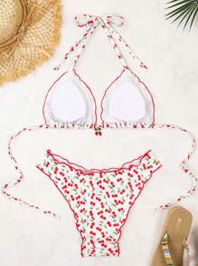 Swim Mod Women's Cute Bikini Set, 2 Pieces, Cherry Random Print & Rib Fabric, Casual Resort Swimwear, Summer Beach Outfit
