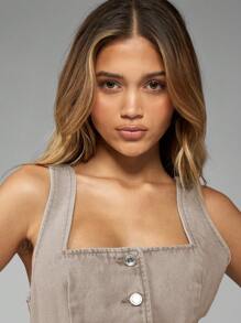 MISSGUIDED 牛仔背心上衣纽扣前方领修身腰部夏季秋季无袖西部街头服饰节日紧身胸衣款式 - 駝色 - 查看 4