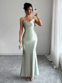 Elenzga Women's Elegant Summer Evening Dress, 3D Floral, Satin Spaghetti Strap Backless Waist Cinched Dress, Suitable For Gala, Party, Luxury Evening Gown - Green - View 2