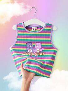 SHEIN X Care Bears Top sin mangas de verano para chica preadolescente con rayas coloridas y diseño de dibujos animados lindos