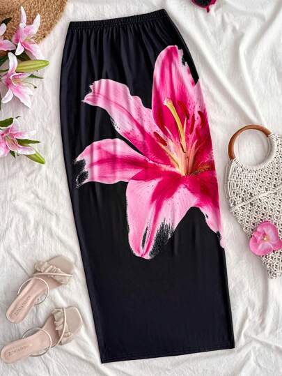 SHEIN Teen Girls Black Contrast Color Floral Print Pencil Skirt, Holiday See-Through Knitted Mesh Fit Extra Low Rise Maxi Skirt, Large Floral Prints, Tight Fishtail, Fall Skirts, Costume, Beach Summer Skirt