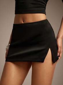 Hauture 性感夏季休闲简约基本款蓬蒂开衩迷你裙 - 黑色 - 查看 2