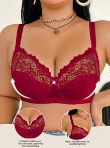 大码蕾丝拼布钢圈文胸，提升型 - 紅色 - 查看 3