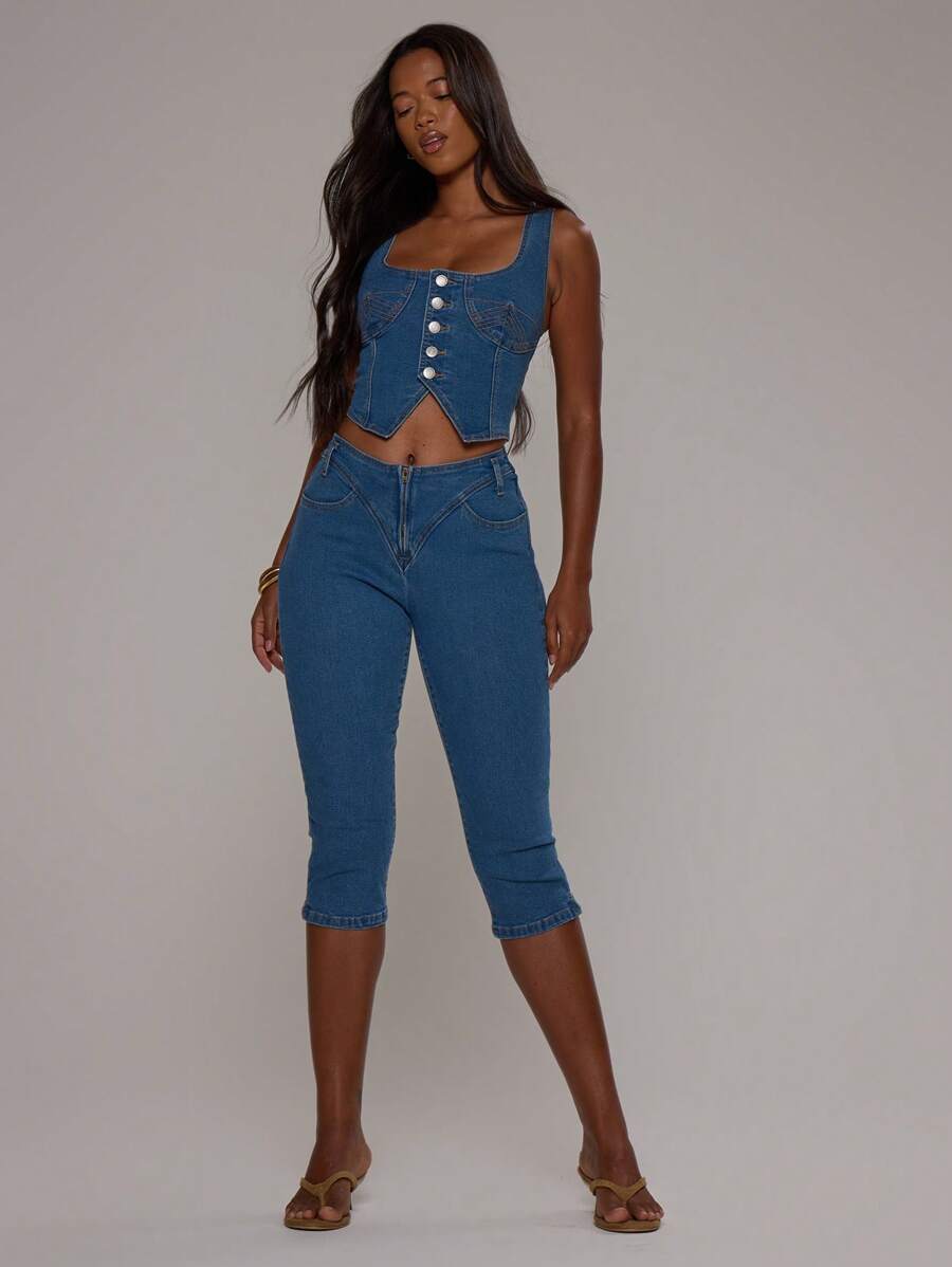 MUSERA Quần jean lửng Stitch khóa kéo phía trước, kiểu dáng thanh lịch, thích hợp cho kỳ nghỉ, phong cách Y2K, sinh nhật, ngày 4 tháng 7, mùa hè, kỳ nghỉ xuân. - Màu xanh lam - Xem 1