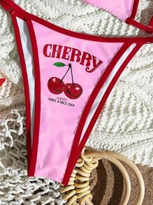 Swim Mod 3pcs Women Summer Beachwear Set: Cherry & Letter Graphic Spaghetti Strap Bikini Set With Sheer Mesh Chiffon Loose Cover Up T-Shirt Top
