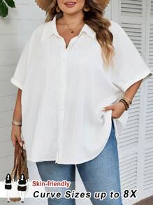 SHEIN CURVE+ Áo sơ mi trắng tay ngắn dáng rộng thoải mái dành cho nữ cỡ lớn, thích hợp cho kỳ nghỉ hè và đi biển/đi biển/nghỉ mát biển/đồ dùng cần thiết khi đi biển/lễ tốt nghiệp/tiệc trà mùa hè/phong cách đồng quê/kỳ nghỉ biển/bãi biển/trang phục đi biển - trắng - Xem 1
