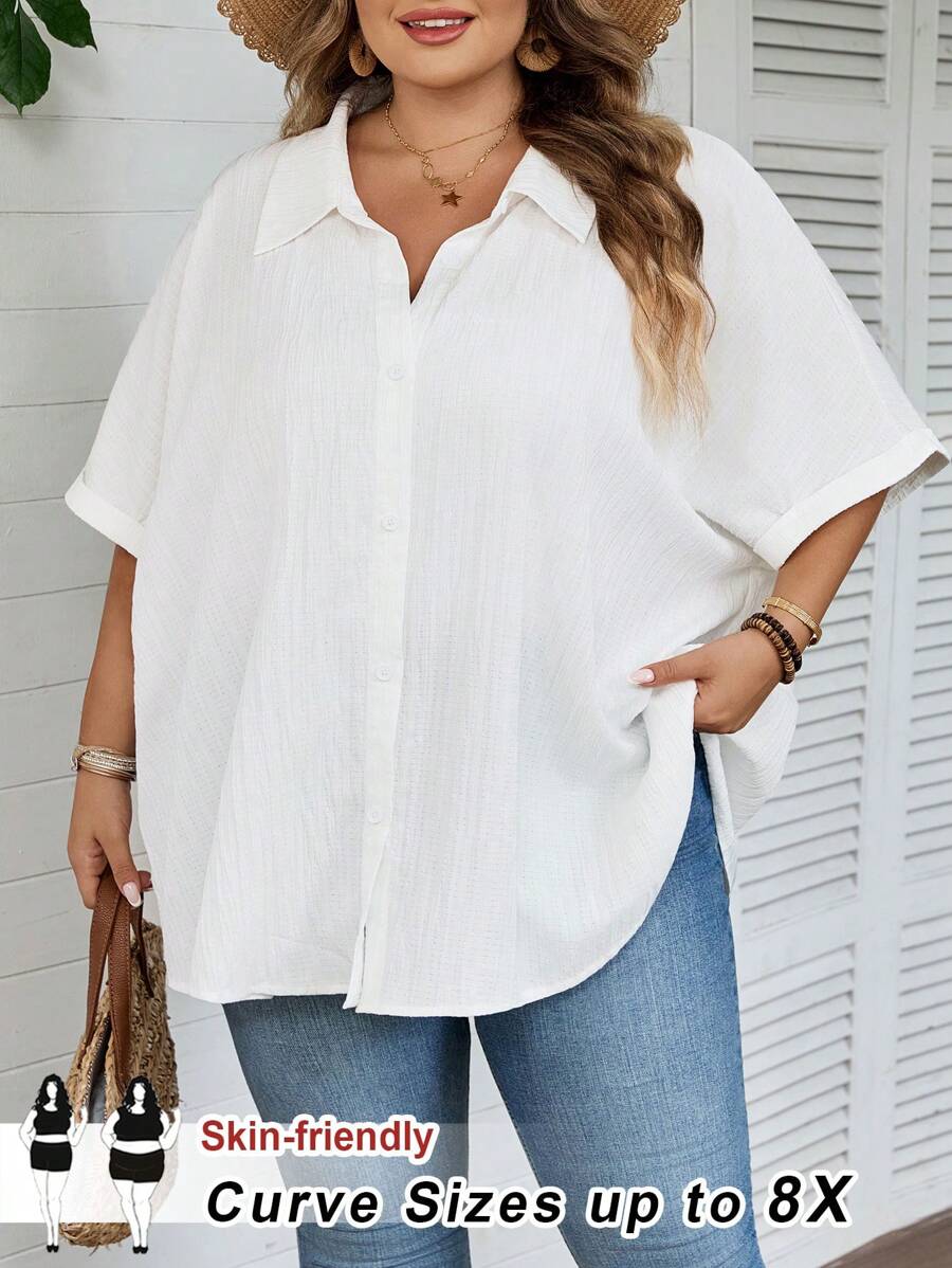 SHEIN CURVE+ Áo sơ mi trắng tay ngắn dáng rộng thoải mái dành cho nữ cỡ lớn, thích hợp cho kỳ nghỉ hè và đi biển/đi biển/nghỉ mát biển/đồ dùng cần thiết khi đi biển/lễ tốt nghiệp/tiệc trà mùa hè/phong cách đồng quê/kỳ nghỉ biển/bãi biển/trang phục đi biển - trắng - Xem 1