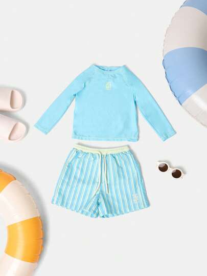 SUMWON 夏季沙滩泳池游泳套装两件套防晒衣条纹泳裤防紫外线儿童运动泳衣度假水上运动度假装海滩必备品