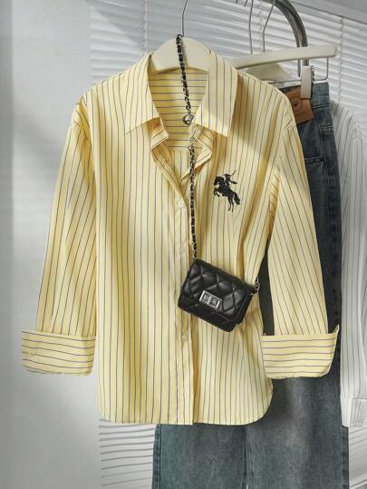 قميص كاجوال طويل الأكمام مطرز مخطط باللون الأصفر للنساء