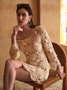 MOTF PREMIUM CROCHET SHEER COVER UP DRESS FOR SUMMER BEACH VACATION - Beige - View 5