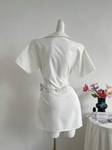 SHEIN Unity 夏季优雅褶饰迷你衬衫裙，性感紧身办公室女士休闲连衣裙 - 白色 - 查看 2