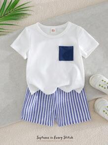 Cozy Pixies Set de 2 piezas para niños bebés con parte superior de manga corta de cuello redondo tejida de color contrastante y pantalones cortos de cintura elástica