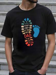 Camiseta básica de manga corta para hombres con estampado de huella colorida y lema, ideal para el Día del Padre - Negro - Ver 3