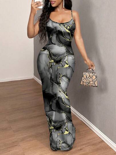 SHEIN BAE Casual Ink Marble Texture Pattern Spaghetti Strap Women's Dress, Suitable For Summer Suitable For Going Out Chic Dress