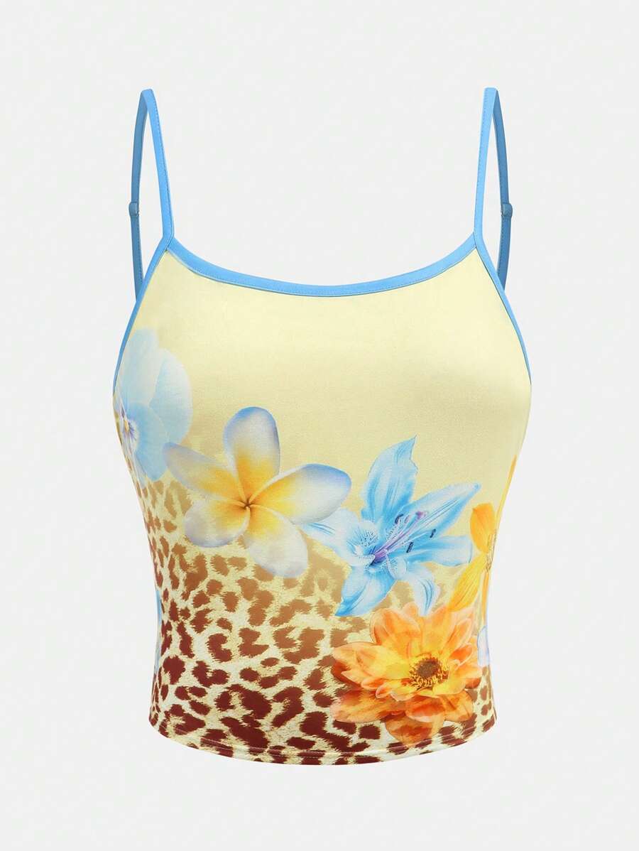 Girlism 少女撞色细肩带动物印花碎花度假休闲上衣，适合夏季 - 彩色 - 查看 1