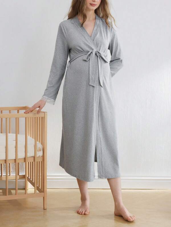 BloomMama Maternity Lace Long Sleeve Nursing Robe Nightgown With Button, Fashion Loungewear Sleepwear Pajama Dress Sleep Shirt