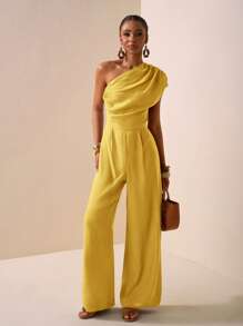 Zivah Women's Asymmetric Design Textured Fabric Brown Sleeveless Jumpsuit, Suitable For Music Festivals, Easter, St. Patrick's Day, Western/Nomadic Style, Birthday Parties, Graduation, Campus Style, Casual Outings, Vacation, Cruise Travel, Beach, Sun Bathing, Street Style, Elegant Yellow - Yellow - View 5