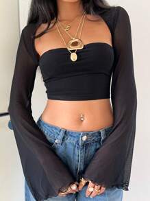 SHEIN EZwear 夏季服装纯色荷叶边袖短款T恤 - 黑色 - 查看 1