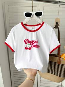 Tween Girls' Casual Fashion Cute Cherry Print Contrast Color Short Sleeve T-Shirt, Spring/Summer