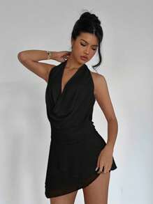 Aloruh Women Solid Color Draped Neck Sleeveless Short Dress