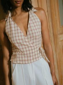 lacRébo Check Sleeveless Wrap Top With Collar And Open Back European Spring Top Old Money Style Top - Red - View 1