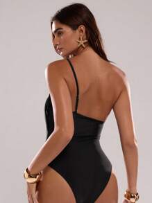 SHEIN BAE 1 buah Baju Renang One-Piece Wanita Elegan & Hitam, Baju Renang Tanpa Punggung Pengontrol Perut yang Lucu dengan Cincin Logam, Pakaian Pesta Pantai Liburan Musim Panas - Hitam - View 2