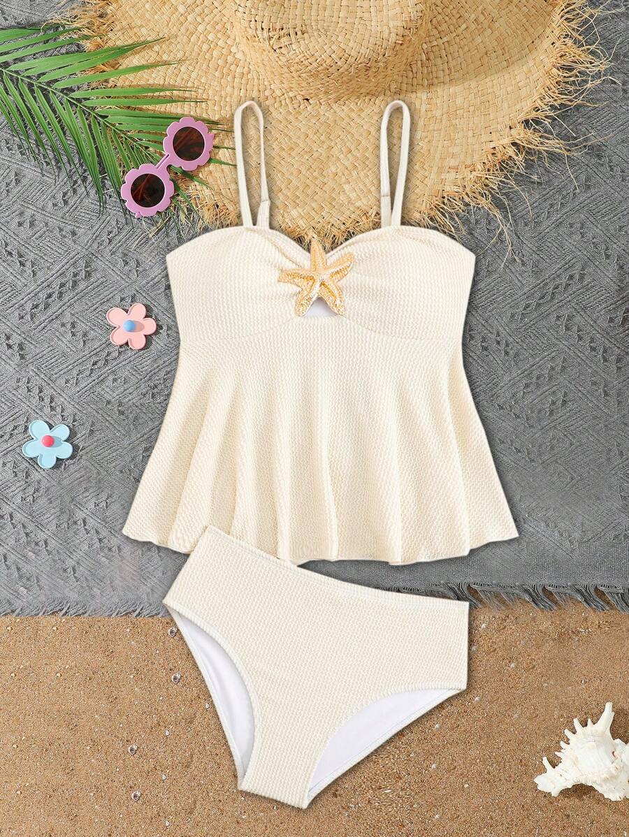 Bộ đồ lót tankini hở lưng và quần tam giác trang trí kim loại cho bé gái tuổi teen - Màu be - Xem 1
