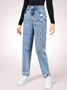 SHEIN Teen Girls Ripped Slant Pocket Jeans - Light Wash - View 1