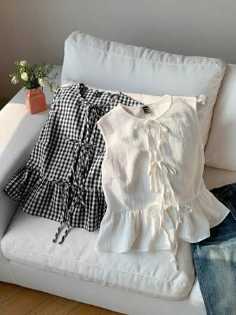 Comfortcana 2 piezas Camisa a cuadros y blusa blanca para mujer, conjunto para vacaciones de verano