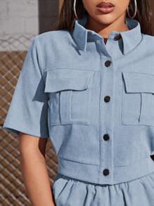 Mulvari Women's Casual Summer Street Style Solid Color Flap Pocket Short Sleeve Shirt And Elastic Waist Pants Set - Blue - View 5
