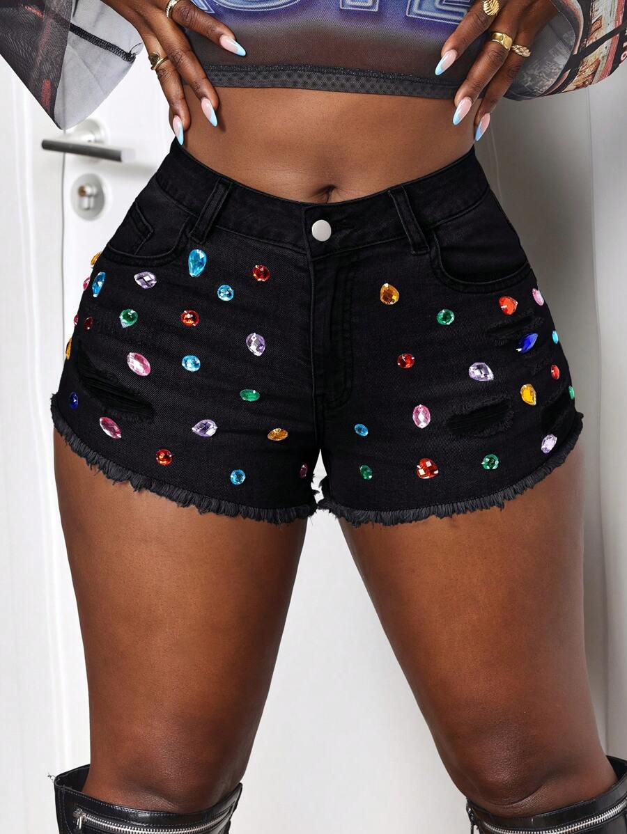 SHEIN Slayr Quần Short Denim Thời Trang Cho Nữ, Phù Hợp Cho Mùa Hè - màu đen - Xem 1