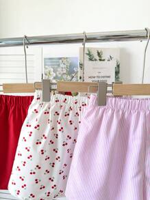 3pcs/Set Tween Girl Cherry Print Loose Casual Pink Striped And Solid Red Shorts Set - Multicolor - View 5