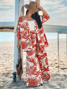 SHEIN VCAY Conjunto de 2 piezas de camisa y pantalón con estampado de hojas, talla grande, adecuado para vacaciones