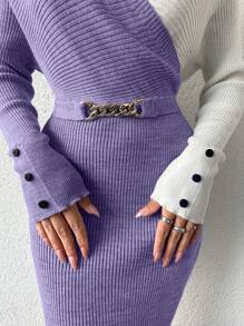 EURMUSE 女式撞色V领长袖针织毛衣裙 - 紫丁香色 - 查看 5