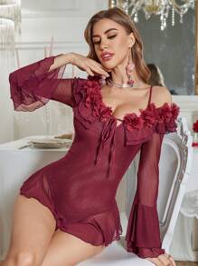 SHEIN 3D花卉V领喇叭长袖修身网眼连体衣 - 酒紅色 - 查看 5