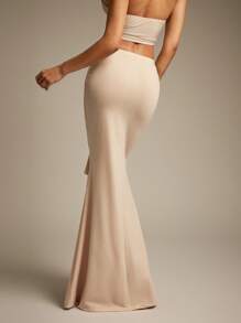 Hauture Women's Elegant Sexy Solid Color Basic Ruched Waist Mermaid Hem Maxi Skirt For Vacation Beach Seaside Summer Style - Khaki - View 3