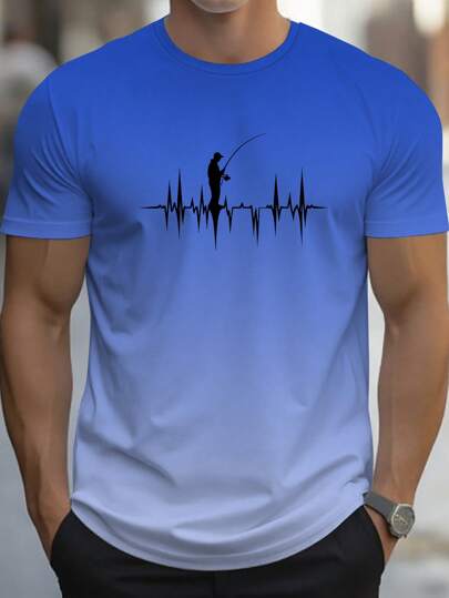 Manfinity Homme Men's Casual Gradient Color Fishing And Electrocardiogram Print Short Sleeve T-Shirt, Summer